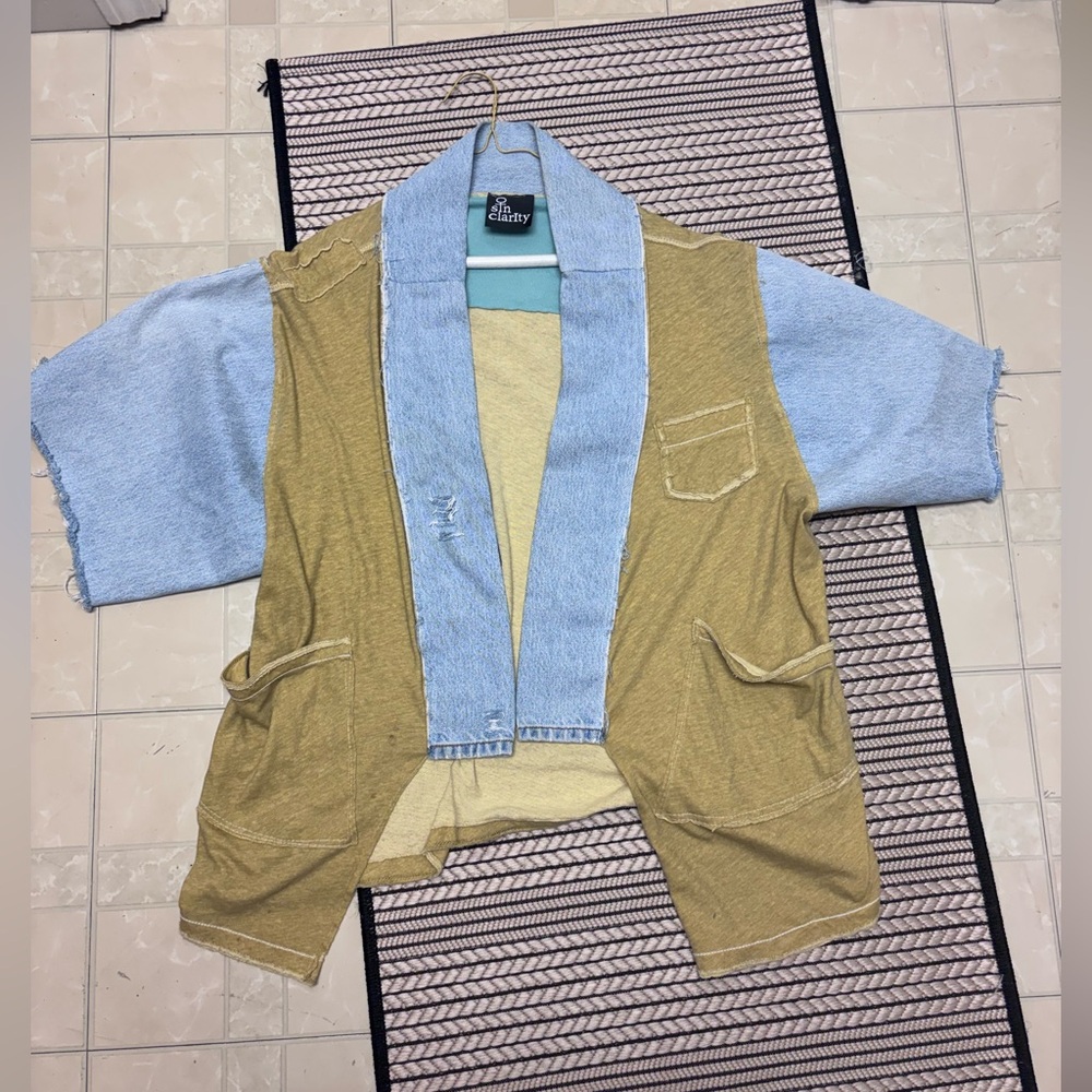 Sin Clarity Distressed Patchwork Denim & Cotton Open Jacket | Boho Shabby Chic